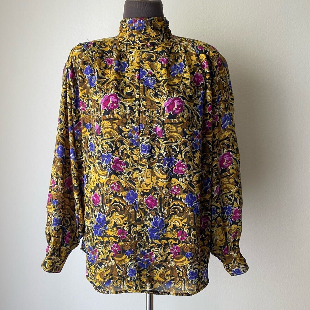 VTG Jordan 8 Gold Floral Baroque Blouse Mock Neck Balloon Sleeve Teacher 90s Top